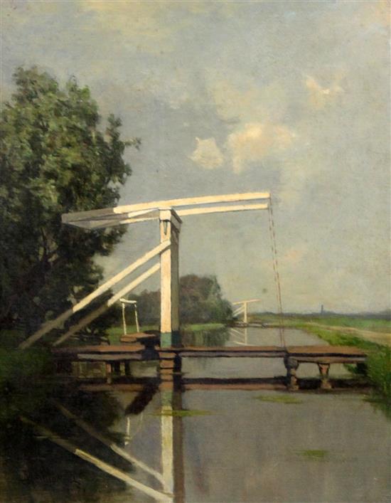 Bernard Schregel, oil on canvas, Dutch bridges, signed, 39 x 31cm. unframed.